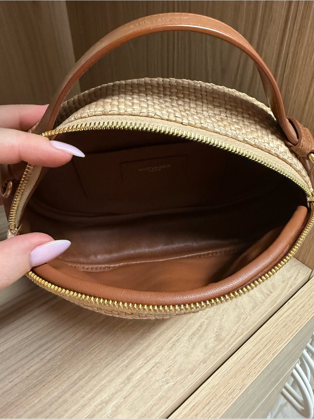 Yves Saint Laurent Cassandre Raffia Oval Bag with Leather Trim - Picture 4 of 8